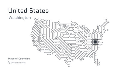 White vector map of United States of America created from a microchip pattern, with the capital Washington depicted as a microchip