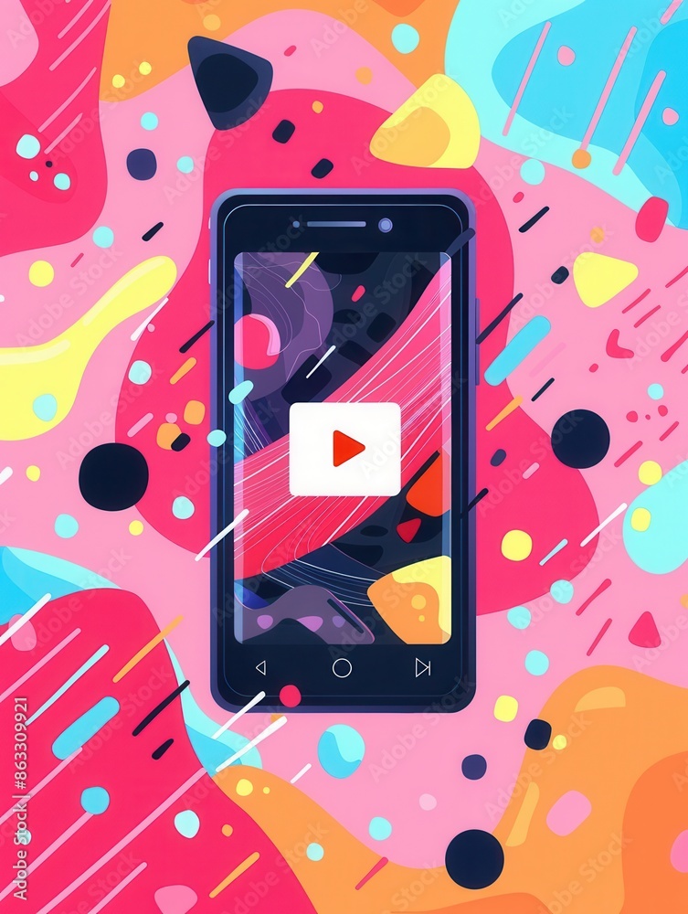 Poster A vibrant abstract background featuring a smartphone with a video streaming app open, showcasing a play button and a colorful, dynamic design. Generative AI