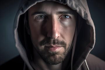 A man with a beard and a hoodie is looking at the camera. The image has a moody and mysterious feel to it