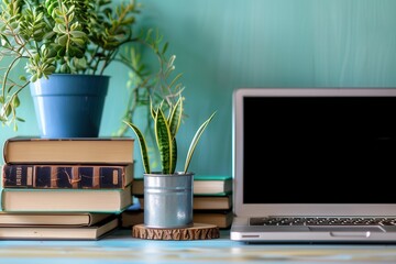 A contemporary learning space featuring a laptop, stacked textbooks, and potted plants against a light blue wall. Generative AI
