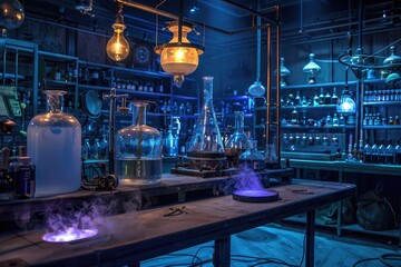 A dark and eerie laboratory with bubbling potions, strange scientific instruments, and an overall mad scientist vibe perfect for Halloween