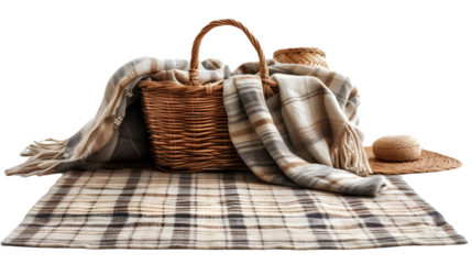Picnic enthusiasts setup with picnic basket and blanket, PNG file, transparent background, isolated on white
