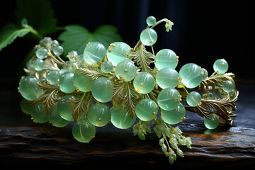 delicate Silver brooch with Jade beads in the shape of Green Gooseberries with white leaves, soft pastel dark background