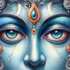 Watercolor Close-Up Painting of Lord Vishnu's Benevolent Eyes