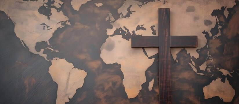 Holy cross of Jesus Christ and world map. Global mission and evangelism concept. The holy cross laying on the world map. Spreading a word about God to all nations.