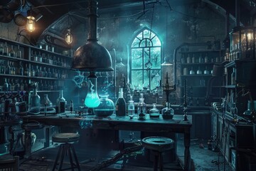 A dark and eerie laboratory with bubbling potions, strange scientific instruments, and an overall mad scientist vibe perfect for Halloween