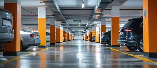 Parking in a residential building. Covered underground parking for cars. Underground parking lots with some cars.