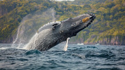 Obraz premium Humpback Whale Breaching Near Lush Green Coastline