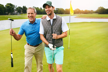 Adults, father and man for golf sport, physical activity and bonding through recreation. People, mature dad and son for walking in nature for friendly competition, game and support in country club