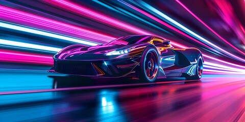 Futuristic Sports Car On Neon Highway. Powerful acceleration of a supercar with colorful lights trails