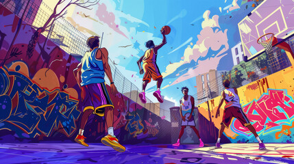 Black teenage boys playing basketball on the street, urban atmosphere, walls covered with graffiti, cartoon style