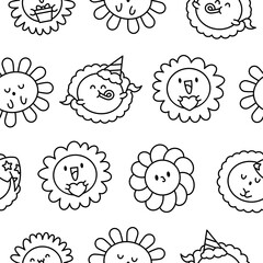 Cute kawaii chamomile. Seamless pattern. Coloring Page. Flower happy character with smile face. Hand drawn style. Vector drawing. Design ornaments.