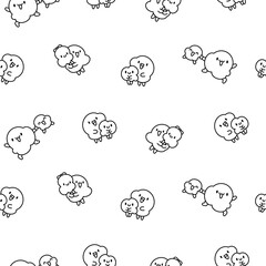Cute popcorn character in different poses. Seamless pattern. Coloring Page. Funny cartoon food. Hand drawn style. Vector drawing. Design ornaments.