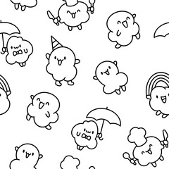 Cute popcorn character in different poses. Seamless pattern. Coloring Page. Funny cartoon food. Hand drawn style. Vector drawing. Design ornaments.