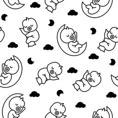 Cute baby boy. Seamless pattern. Coloring Page. Cartoon little newborn character. Hand drawn style. Vector drawing. Design ornaments.