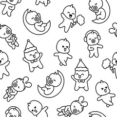 Cute baby boy. Seamless pattern. Coloring Page. Cartoon little newborn character. Hand drawn style. Vector drawing. Design ornaments.