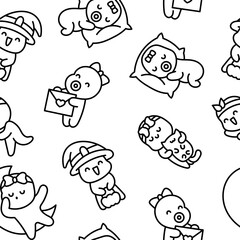 Cute baby girl. Seamless pattern. Coloring Page. Cartoon little newborn character. Hand style. Vector drawing. Design ornaments.