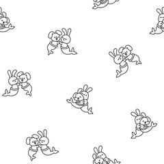 Cute kawaii bunny mermaid. Seamless pattern. Coloring Page. Cartoon little rabbit. Fantasy animal characters. Hand drawn style. Vector drawing. Design ornaments.