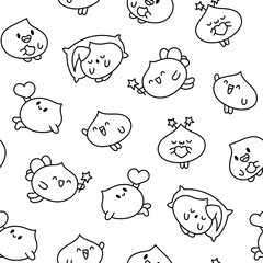 Cute dumplings characters with different facial expressions. Seamless pattern. Coloring Page. Chinese food. Hand drawn style. Vector drawing. Design ornaments.