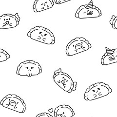 Cute kawaii dumpling. Seamless pattern. Coloring Page. Cartoon Chinese food characters. Hand drawn style. Vector drawing. Design ornaments.