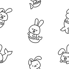 Cute kawaii bunny mermaid. Seamless pattern. Coloring Page. Cartoon little rabbit. Fantasy animal characters. Hand drawn style. Vector drawing. Design ornaments.