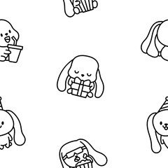 Cute kawaii bunny. Seamless pattern. Coloring Page. Cartoon little rabbit characters. Hand drawn style. Vector drawing. Design ornaments.