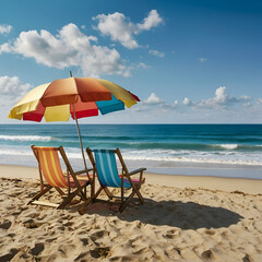 beach chairs and umbrella with the waves crashing along the coast, summer, summer vibes, relaxing © DesignWay