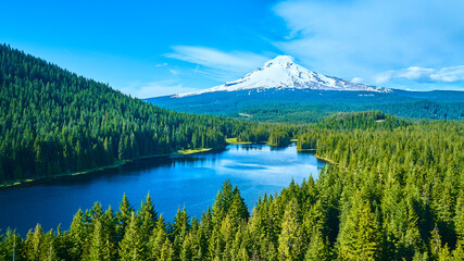 Aerial View Lake Trillium and Mount Hood Surrounded by Evergreen Forests