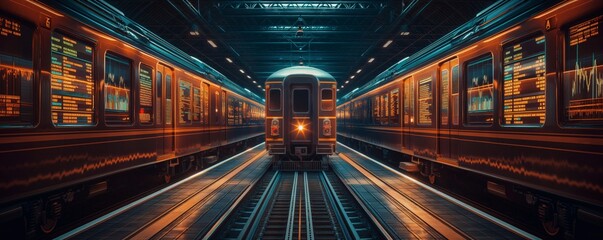 Obraz premium Symmetrical view of a train parked between platforms with illuminated digital stock market graphs on walls