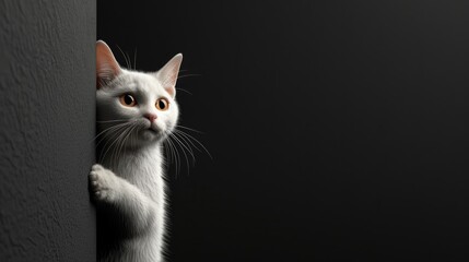 White Cat Peeking from Behind Wall Against Dark Background