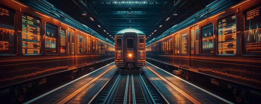 Symmetrical view of a train parked between platforms with illuminated digital stock market graphs on walls