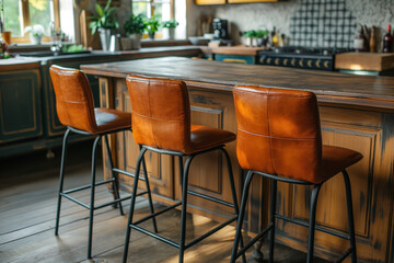 Cozy kitchen with three brown leather barstools at a wooden island. The rustic decor features green cabinets, potted plants, and natural light streaming through the windows