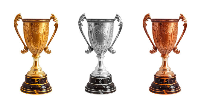 Golden, silver and bronze trophy cups isolated on transparent background, PNG with transparent background