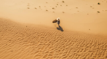 Aerial view of a peasant woman carries a bamboo frame on the shoulder across sand dunes in Vietnam