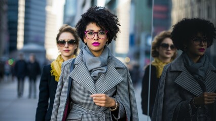 A woman with pink lipstick walking down a street, AI