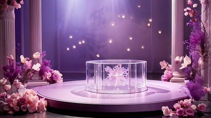  Crystal podium diamond 3d background display glass jewelry product render blue platform. Podium ice crystal stand diamond stage gem white abstract pedestal stone purple luxury sapphire cosmetic scene