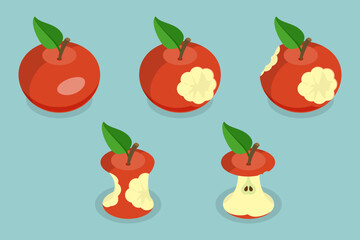 3D Isometric Flat Vector Set of Bitten Apple, Bite Progression