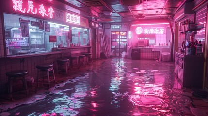 Flooded Neon Bar Interior With Stools and Pink Lighting