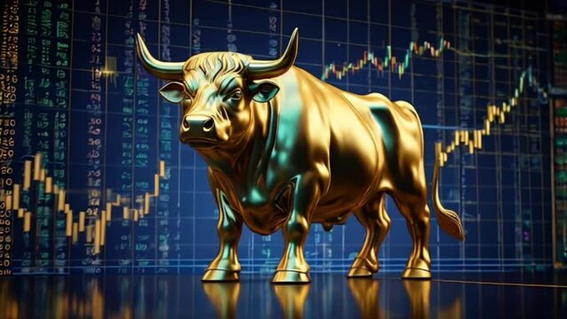 A Bull standing in powerful position, in fron of huge cinematic stock market chart