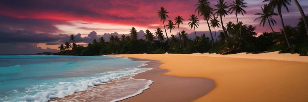 Tropical Beach, Twilight Sky, Palm Trees Silhouette, Serene Nature Scene, Vibrant Sunset Colors, Calm Ocean Reflections, Untouched Sandy Shoreline, Travel Destination Image, Relaxation Background Phot