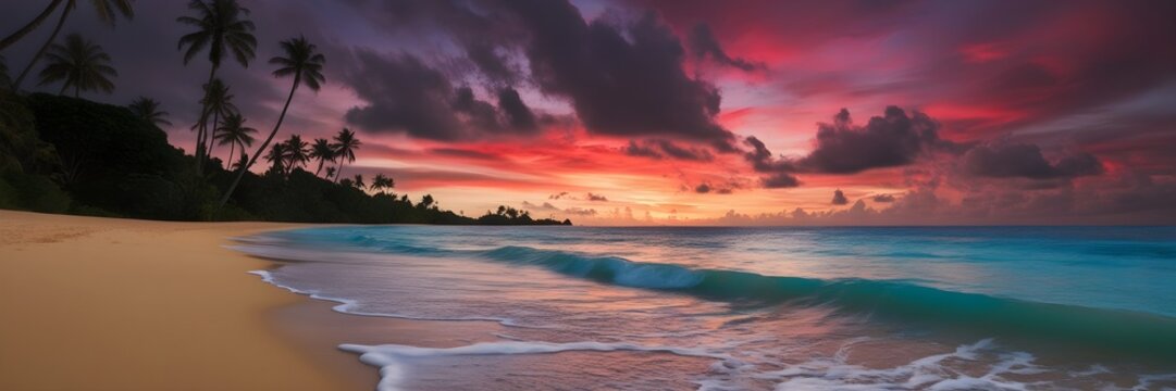 Tropical Beach, Twilight Sky, Palm Trees Silhouette, Serene Nature Scene, Vibrant Sunset Colors, Calm Ocean Reflections, Untouched Sandy Shoreline, Travel Destination Image, Relaxation Background Phot