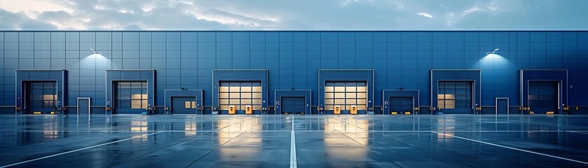 Modern warehouse exterior with blue and white colors, large hangar doors for truck parking, outdoor industrial building on a clean background