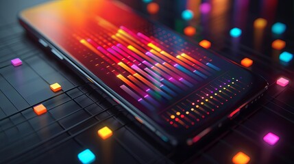3D rendering of a glowing colorful bar graph with data points on a smartphone screen isolated on a black background