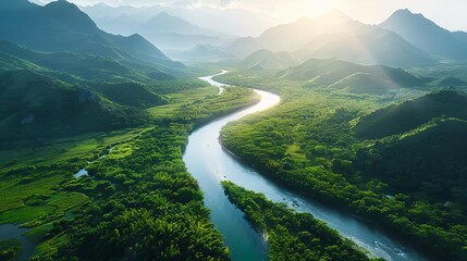 A winding river winds through the valley