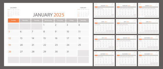 Calendar planner 2025 schedule month calender, organizer template. Week starts on Sunday. Business personal page. Modern simple vector illustration