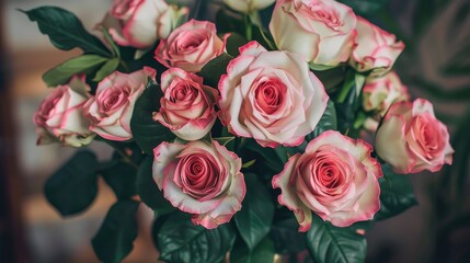 Pink roses with white centers arranged in a vase with green leaves portraying beauty and elegance symbolizing love