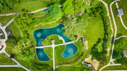 Aerial View of Sunken Gardens with Blue Pond and Walkways