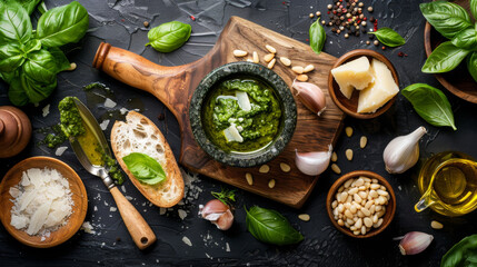 wooden cutting board with a mortar and pestle filled with freshly crushed basil leaves, garlic cloves, pine nuts, and grated Parmesan cheese setup