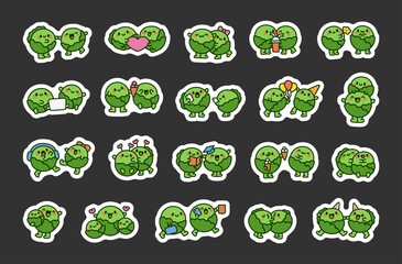 Funny couple of cabbage friends. Sticker Bookmark. Cute cartoon vegetables. Hand drawn style. Vector drawing. Collection of design elements.