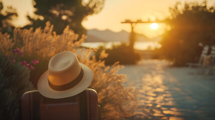 Last day of a vacation, packing up and saying goodbye, outdoor setting with beautiful scenery, nostalgic and bittersweet mood